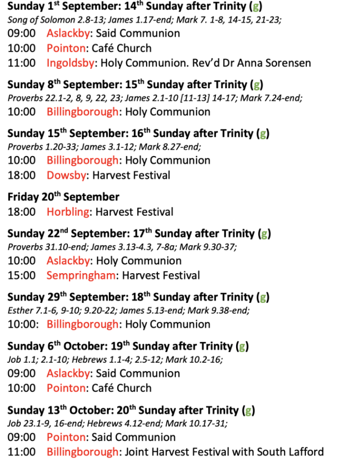 Services for September and October