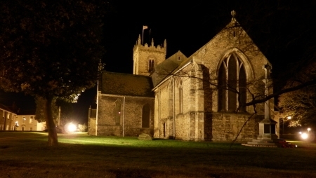Floodlit church from East